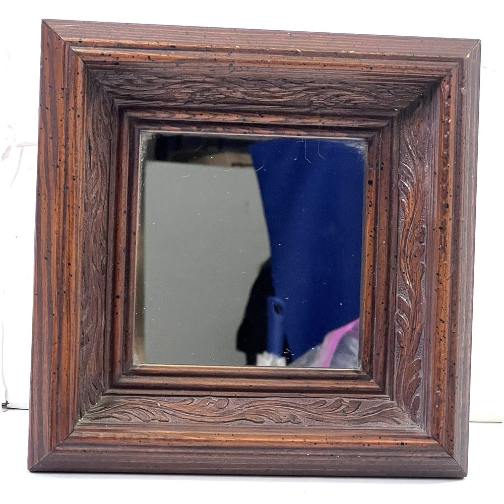 Carved Wood Square Wall Mirror 8x8 Brown Frame Diamond Hang Option - Picture 3 of 13